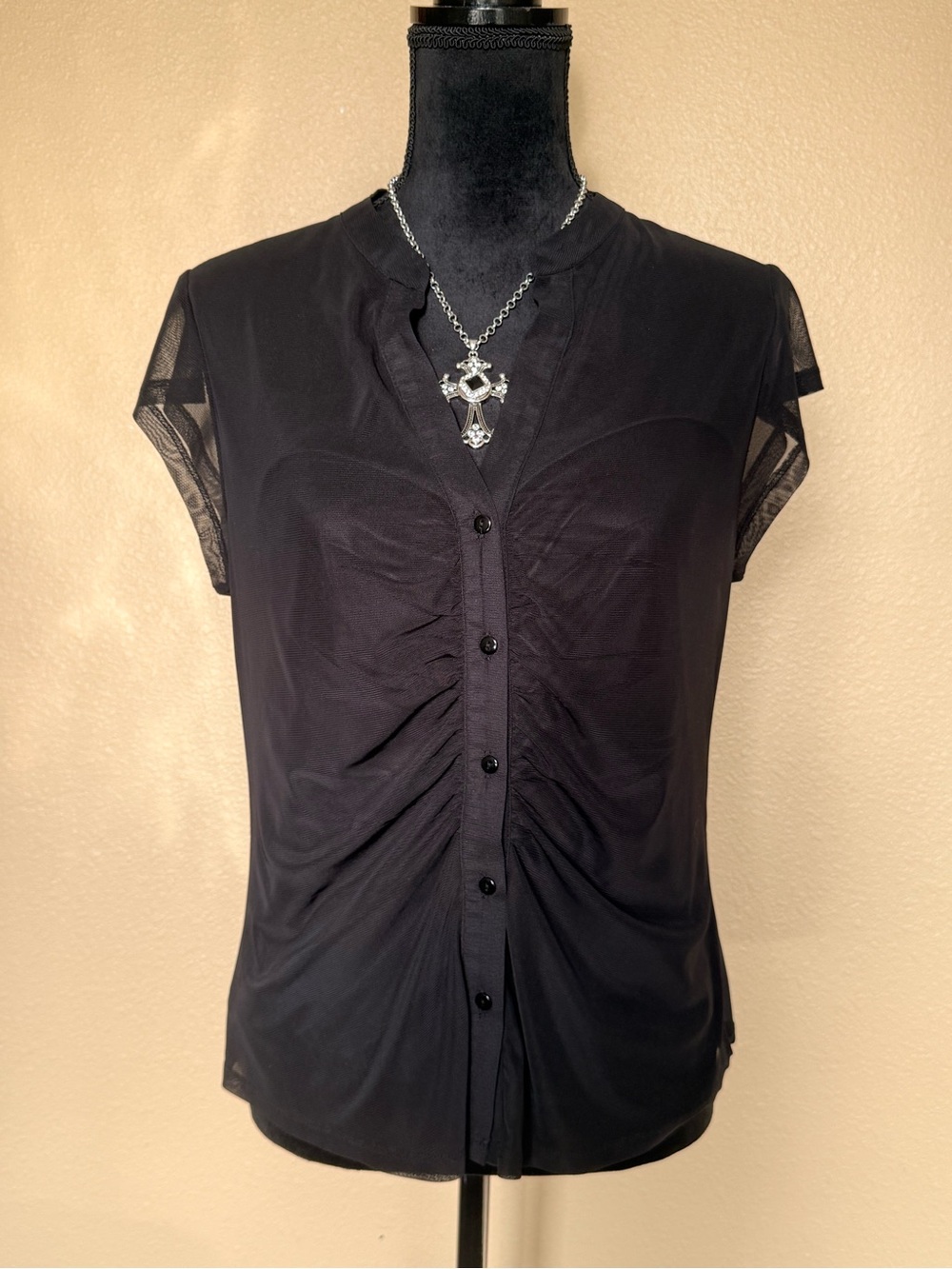 Women's Black Ruched Button-Front Blouse with Sheer Cap Sleeves